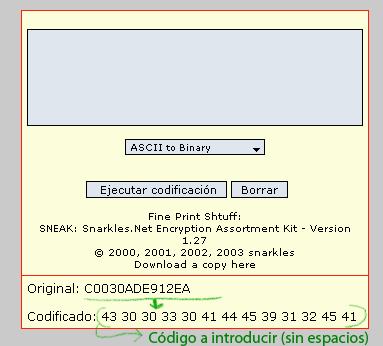 Conversión de ASCII a hexadecimal